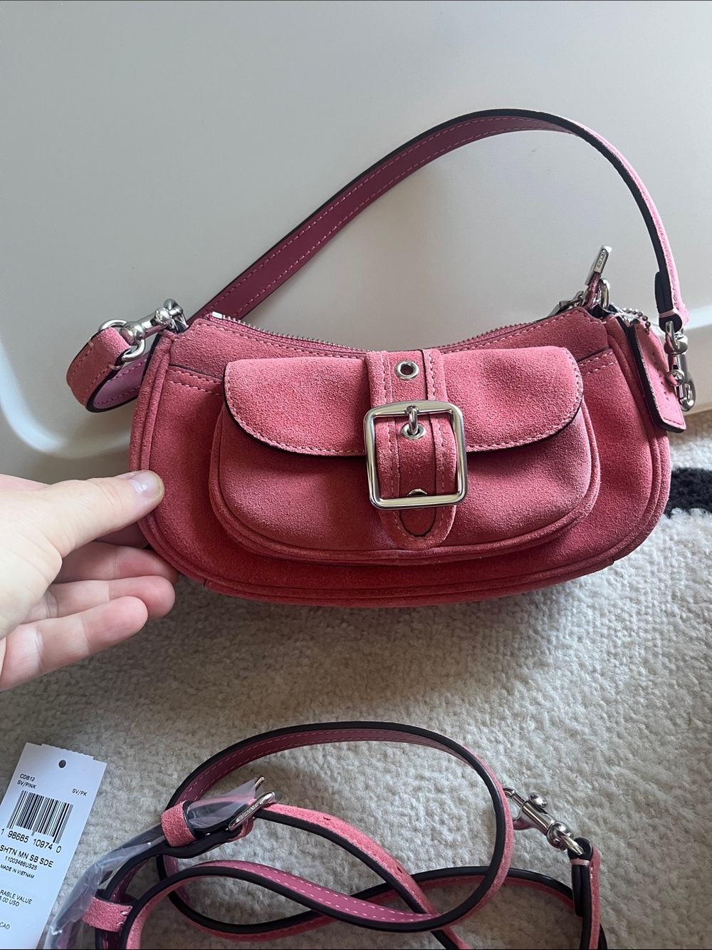 Coach Pink Ashton Suede Shoulder Bag with Buckle Front
